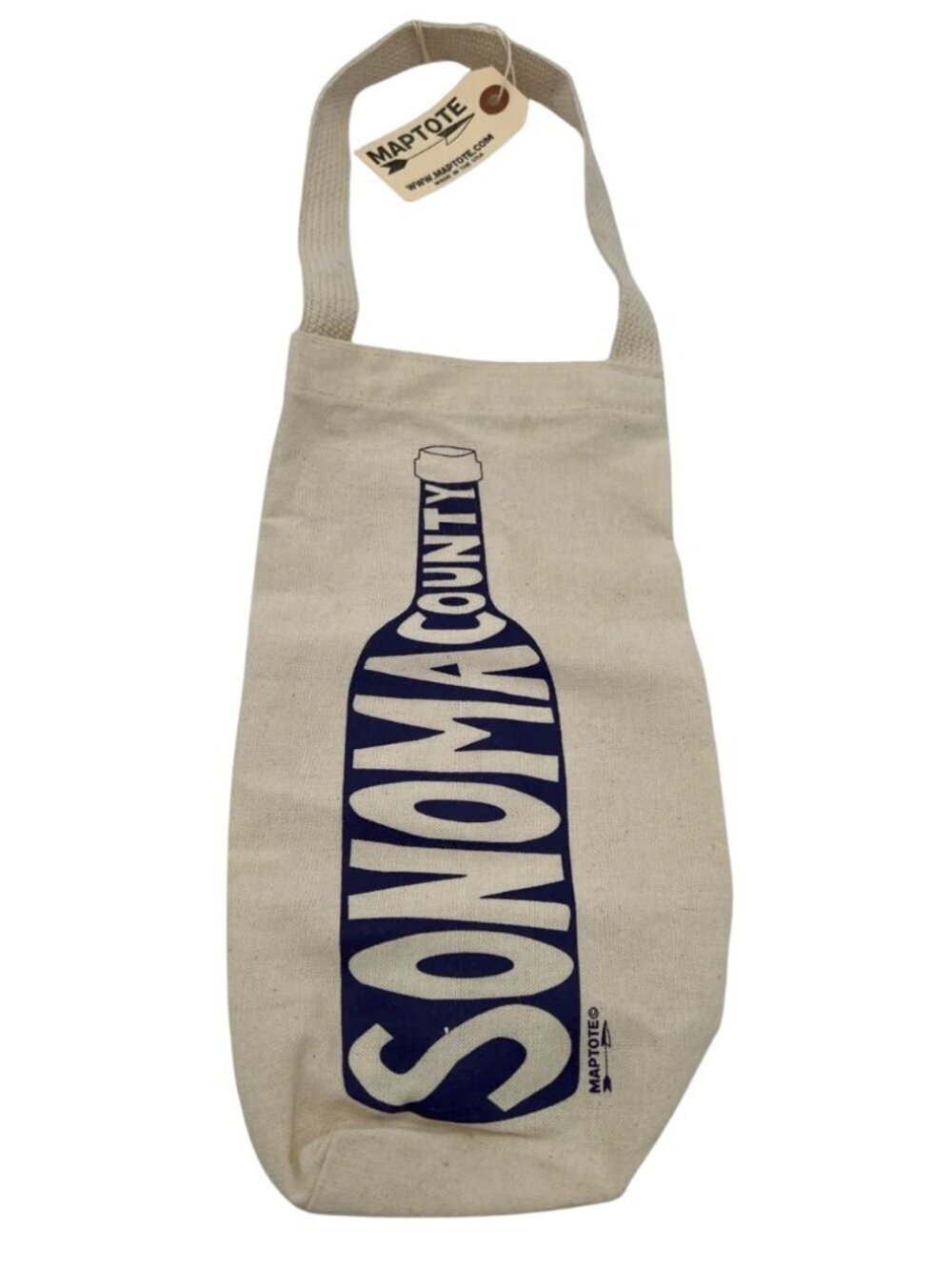 Sonoma County Canvas Single Bottle Reusable Wine Tote in Natural with Navy Print